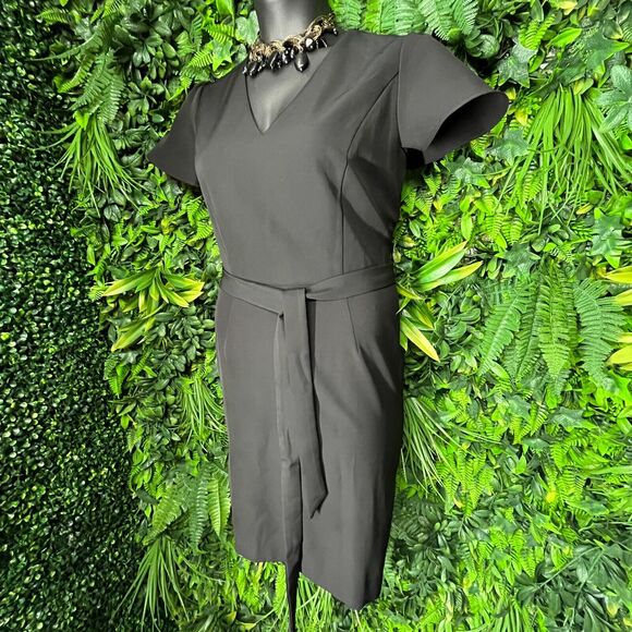 INC Women Dress 12 Black Sheath Tie Waist V Neck Flare Sleeve‎ NWT  0989 - Picture 3 of 11